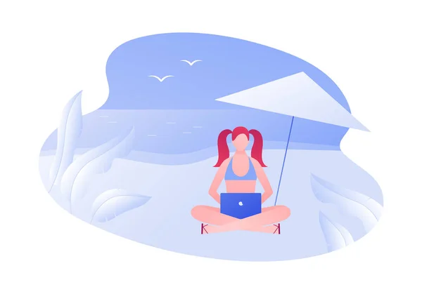 Vector moderno plano al aire libre ilustración de carácter de trabajo. Mujer joven en bikini sentada con portátil en la playa. Concepto de trabajo freelance en el paisaje de relax. Elemento de diseño para banner, póster, web . — Vector de stock