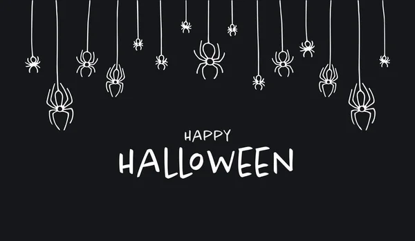 Plantilla de banner de halloween dibujada a mano vectorial Texto blanco simple y símbolos de araña que cuelgan de la red aislados en negro. Cartel de vacaciones de diseño para fiesta, tarjeta de invitación, venta . — Vector de stock