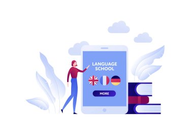 Vektör modern düz online dil eğitimi illüstrasyon. Açılış sayfası ve İngilizce, Fransızca ve Almanca simgeleri ile ekrana yakın kadın. Kitaplar, arka plan daki bulutlar. Posterler, el ilanı, kart, afiş için tasarım