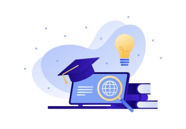Vektör modern düz eğitim illüstrasyon. Dizüstü ampul, kitap, ana şapka kitap. Online eğitim kavramı, üniversite, kurslar, üniversite. Posterler, el ilanları, kartlar, afişler için tasarım