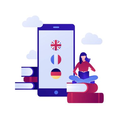 Vektör modern düz online dil eğitimi illüstrasyon. İngilizce, Fransızca ve Almanca simgeleri ile kitap ve okuma ve akıllı telefon oturan kadın. Posterler, el ilanları, kartlar, afişler için tasarım