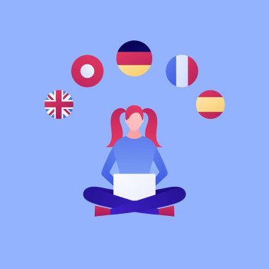Vektör modern düz online dil eğitimi illüstrasyon. Dizüstü bilgisayar ve İngilizce, Fransızca, Almanca, İspanya ve Çin bayrağı simgeleri ile oturan kadın. Posterler, el ilanları, kartlar, afişler için tasarım