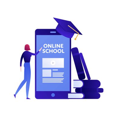 Vektör modern düz eğitim illüstrasyon. Online okul sayfası ile kadın ve akıllı telefon. Kitap ve şapka sembolleri. Online öğrenme kavramı, üniversite, kurslar. Posterler, el ilanı, kart, afiş için tasarım