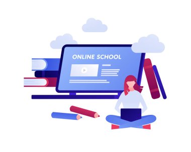 Vektör modern düz eğitim illüstrasyon. Online okul sayfası ile kadın ve dizüstü bilgisayar. Kitap, kalem, bulut sembolü. Online öğrenme kavramı, üniversite, kurslar. Posterler, el ilanı, kart, afiş için tasarım