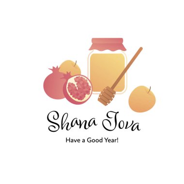Vektör modern düz İsrail yeni yıl kutlama afiş şablonu tasarım. İbranice metin Shana tova elma, nar ve bal kavanoz ve beyaz arka plan izole sopa sembolü ile 