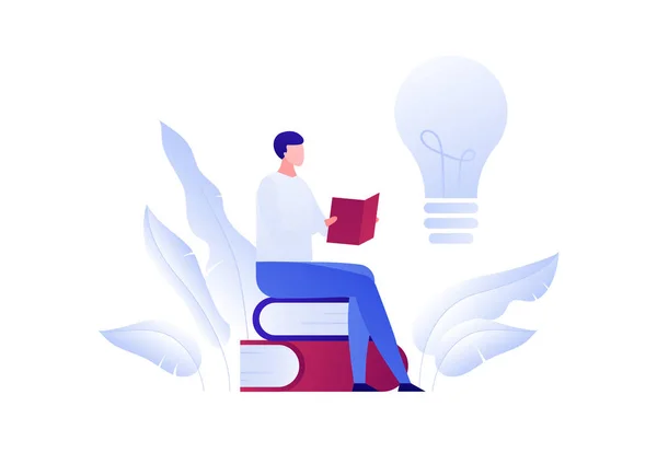 Ilustración de educación plana moderna vectorial. Hombre sentado leyendo un libro con el símbolo de la idea bulbo aislado sobre fondo blanco. Diseño para carteles, volantes, tarjetas, banners web — Vector de stock