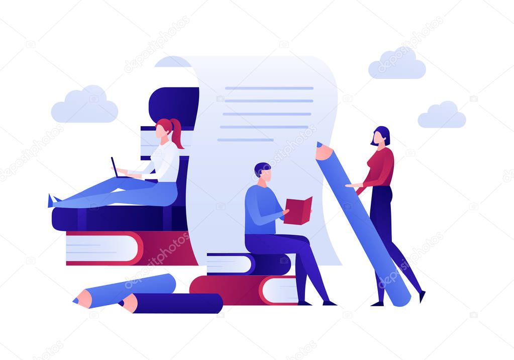 Vector modern flat education illustration. Group of people with certificate, pencil, book elements. Concept of self improvement, university, student life. Design for posters, flyers, cards, banners