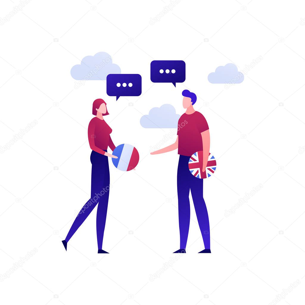 Vector modern flat online language education illustration. Male and female talking and holding english and french flag icons. Design for posters, flyers, cards, banners