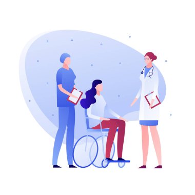 Vektör düz doktor ve hasta kişi illüstrasyon. Sağlık ekibi ve tekerlekli sandalyede oturan engelli kadın. Tanı, toplantı, kontrol kavramı. Poster, el ilanı, kart, afiş için tasarım öğesi
