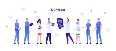 Vektör düz doktor takım tıbbi kişi illüstrasyon. Radyoloji, cerrahi bölümü hemşireleri ve terapisterkek ve kadın karakterleri. Poster, el ilanı, kart, afiş için tasarım öğesi