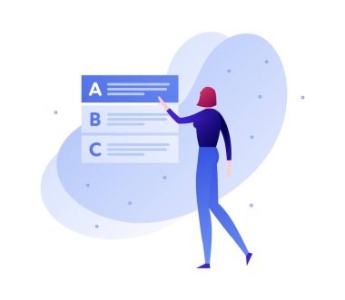 Vektör modern düz eğitim sınavı illüstrasyon. Test listesinden kadın karakter seç yanıtı. Online üniversite çalışması kavramı, üniversite anketi. Poster, el ilanı, kart, afiş için tasarım öğesi