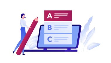Vektör modern düz eğitim sınavı illüstrasyon. Kalemli kadın dizüstü bilgisayardaki listeden yanıt ı seçer. Online üniversite çalışması kavramı, poster, el ilanı, kart, afiş için üniversite sınavı Tasarım elemanı