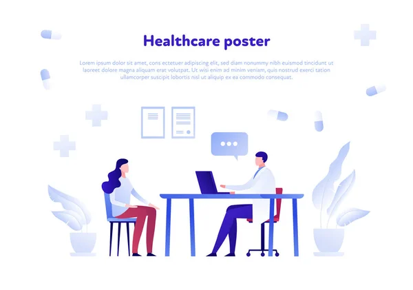 Vector plano médico y paciente persona ilustración. Médico y mujer sentado en el fondo de la oficina del hospital. Concepto de diagnóstico, reunión, chequeo. Elemento de diseño para póster, volante, tarjeta, banner — Vector de stock