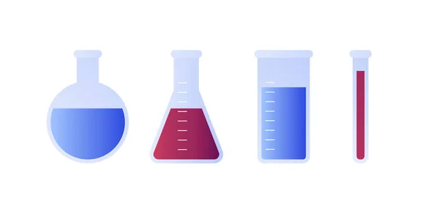 벡터 평면 과학 의료 장비 그림입니다. 백색 배경에 단리된 청색과 적색 액체를 가진 실험실 화학 관 세트. 포스터, 전단지, 카드, 배너를위한 디자인 병 아이콘 요소 — 스톡 벡터