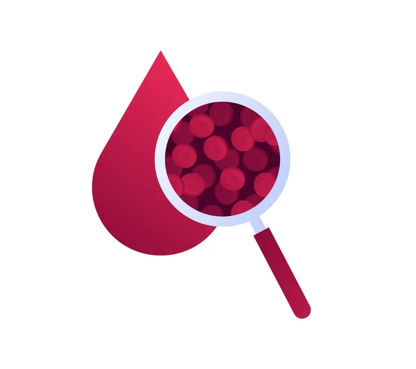 Ilustração do ícone do laboratório de sangue plano vetorial. Lupa de vidro zoom célula gota de sangue. Conceito de ADN, laboratório de diagnóstico de hiv. Elemento de design para cartaz, folheto, cartão, banner, ui —  Vetores de Stock