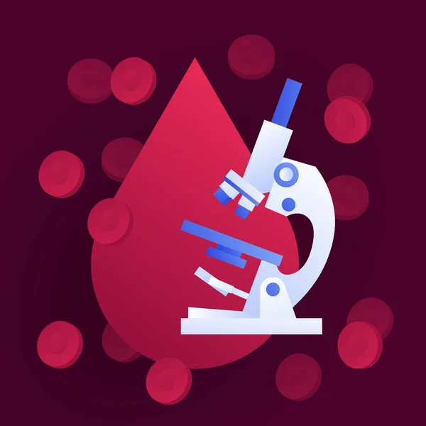 Vector plat bloed laboratorium pictogram illustratie. Bloed druppel cel met erytrocyten en Microscoop symbool. Concept van DNA, HIV-diagnoselaboratorium. Ontwerpelement voor poster, flyer, kaart, banner, UI — Stockvector