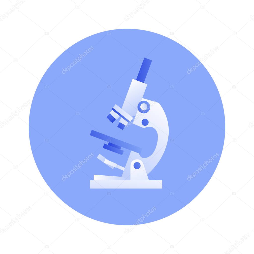Vector flat science medical equipment illustration. Laboratory microscope instrument in blue circle frame isolated on white background. Design icon element for poster, flyer, card, banner