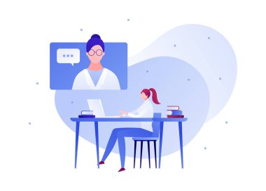 Vektör düz doktor hasta online konuşma illüstrasyon. Kadın oturma ve beyaz izole dizüstü bilgisayar tarafından ekranda doktor ile konuşuyor. Tele tıp kavramı. Poster, web için tasarım öğesi