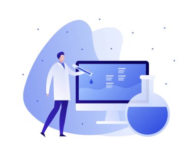Vektör düz tıp bilimi karakter illüstrasyon. Bilgisayar ekranı ve laboratuvar tüpü olan bilim adamı erkek. Kimya, fizik, biyo mühendislik, yenilik kavramı. Afiş, poster, web, el ilanı için tasarım