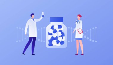 Vektör düz genetik bilimi illüstrasyon. Dna ile tüp ile kağıt ile ceket üniforma erkek karakter. Gen tedavisi, mühendislik, yenilik kavramı. Afiş, poster, web sitesi için tasarım öğesi