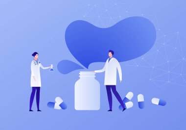 Vektör düz tıp illüstrasyon. Erkek ve kadın doktor ekibi ve düşük poli arka plan üzerinde hap sembolü ile şişe. İlaç endüstrisi kavramı. Afiş, poster, web için tasarım