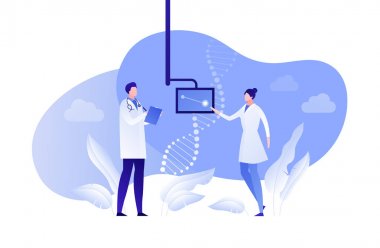 Vektör düz genetik bilimi insanlar illüstrasyon. Beyaz arka planda izole edilmiş ekranda DNA sembolü olan bilim adamı ekibi. Gen çalışması kavramı, araştırma, afiş, poster, web için analiz Tasarım elemanı