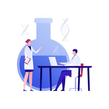 Vektör düz genetik bilimi illüstrasyon. Büyük laboratuvar tüpü ve DNA spiral işareti ile beyaz ceket üniformalı erkek ve kadın karakter. Gen çalışması, mühendislik, yenilik, farmakoloji kavramı.