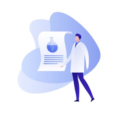 Vektör düz genetik bilimi illüstrasyon. Dna ile tüp ile kağıt ile ceket üniforma erkek karakter. Gen çalışması, mühendislik, yenilik kavramı. Afiş, poster, web sitesi için tasarım öğesi