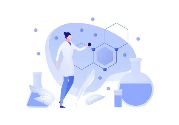 Ilustração das pessoas da ciência da química plana vetorial. Cientista feminina segurando átomo com fórmula e tubo no fundo. Conceito de bioquímica, pesquisa, análise Elemento de design para banner, cartaz, web —  Vetores de Stock