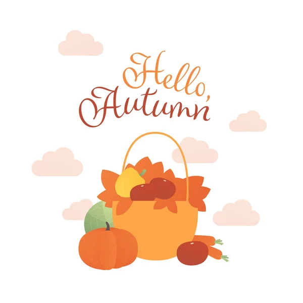 Vector platte Hello herfst illustratie. Oogst mand met groenten met pompoen, wortel, tomaat geïsoleerd op witte achtergrond. Ontwerpelement voor banner, poster, reclame, Web — Stockvector