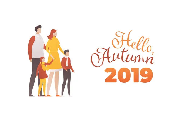 Vector flat hello autumn banner template. Cozy family modern style characters in autumn cloth and text isolated on white background. Design element for poster, advertisment, web, ui, landing page — Stock Vector
