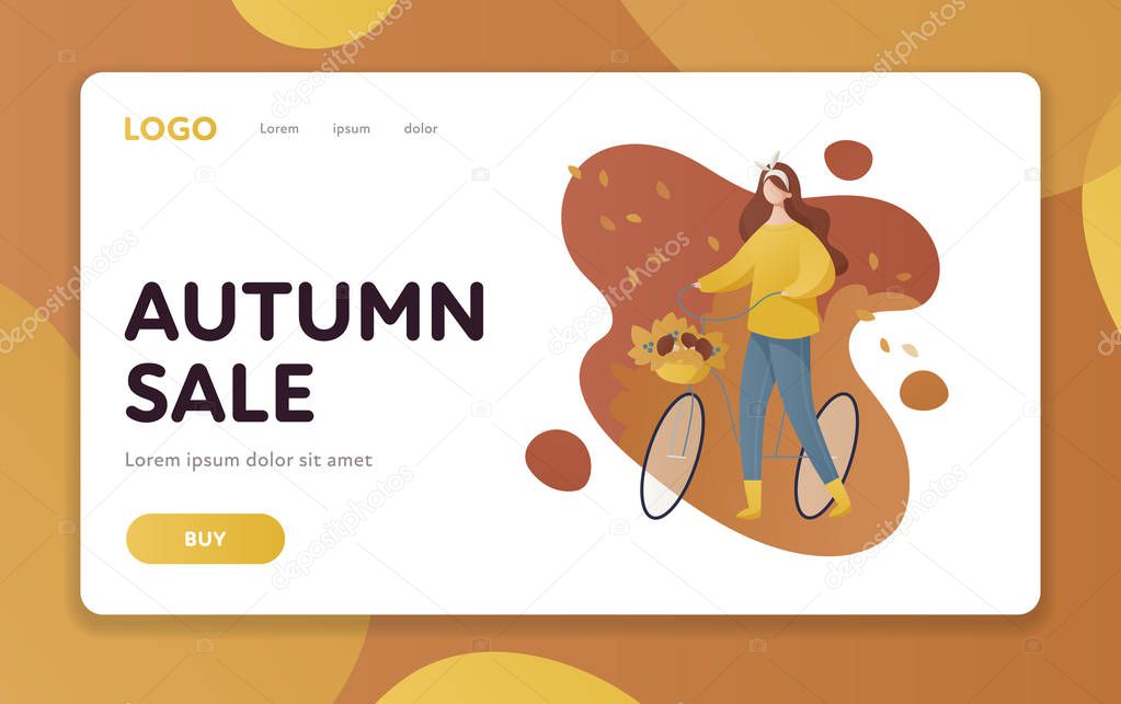 Vector flat autumn sale banner template. Sport cozy cyclist woman character with vegetable basket on yellow abstract background. Design element for poster, advertisment, web, ui, landing page