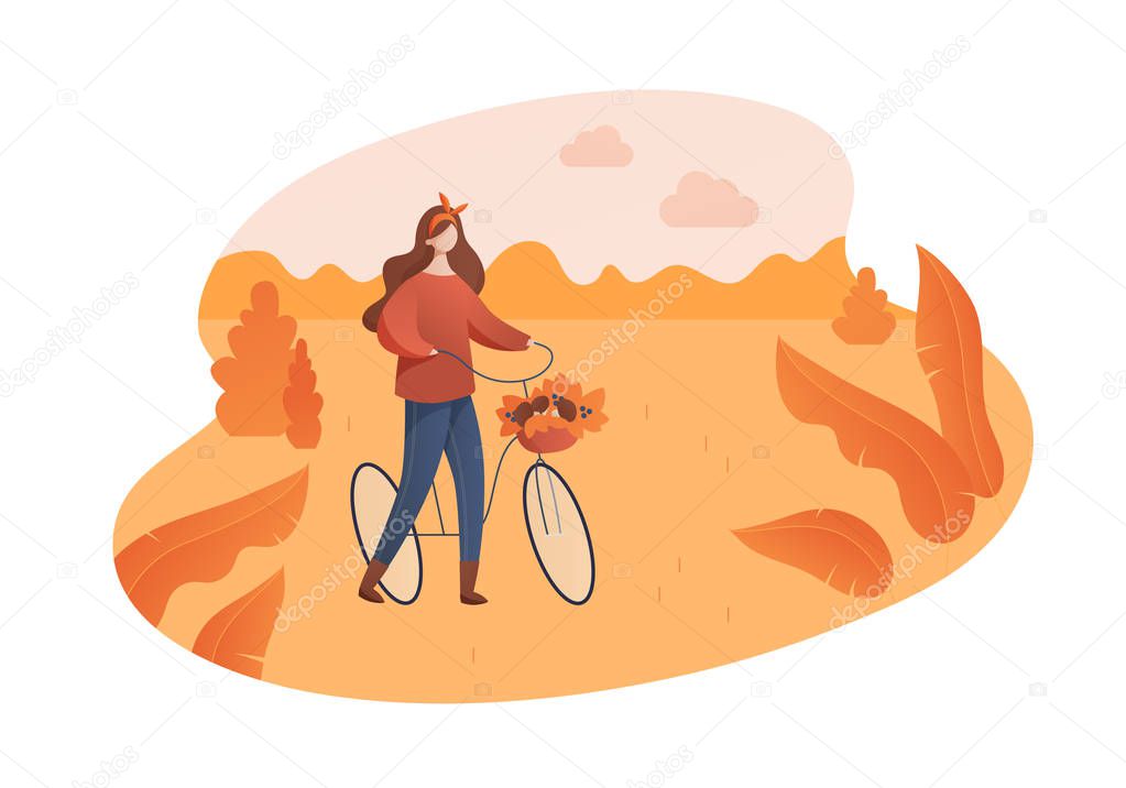 Vector flat hello autumn illustration. Sport cozy cyclist woman character with vegetable basket on yellow nature background. Design element for banner, poster, advertisment, web