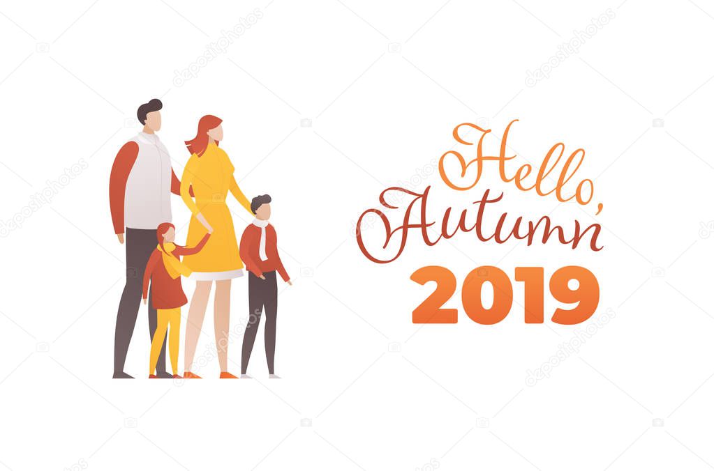 Vector flat hello autumn banner template. Cozy family modern style characters in autumn cloth and text isolated on white background. Design element for poster, advertisment, web, ui, landing page