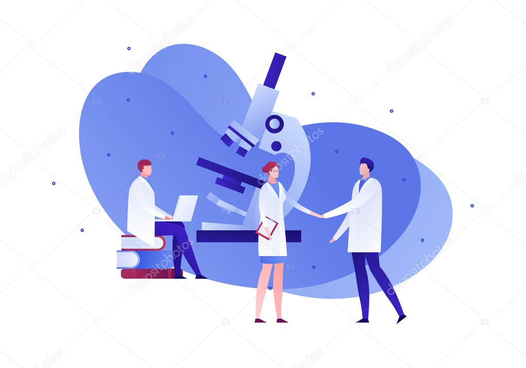 Vector flat medical science character illustration. Scientist team with microscope and laptop. Concept of chemistry, physics, engineering, innovation. Design element for banner, poster, web, flyer