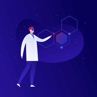 Vektör bilim sanal gerçeklik kişi illüstrasyon. Erkek palto ve dna sarlisli vr gözlüklü. Araştırma teknolojisinde yenilik kavramı, kimya, biyoloji. Poster, el ilanı, web için tasarım öğesi