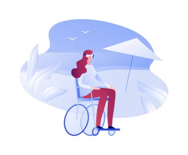 Vektör sanal gerçeklik kişi afiş şablonu. Plaj arka planda tekerlekli sandalye vr gözlük engelli kadın. Rehabilitasyonda yenilik kavramı, eğitim. Poster, el ilanı, web sitesi için tasarım öğesi