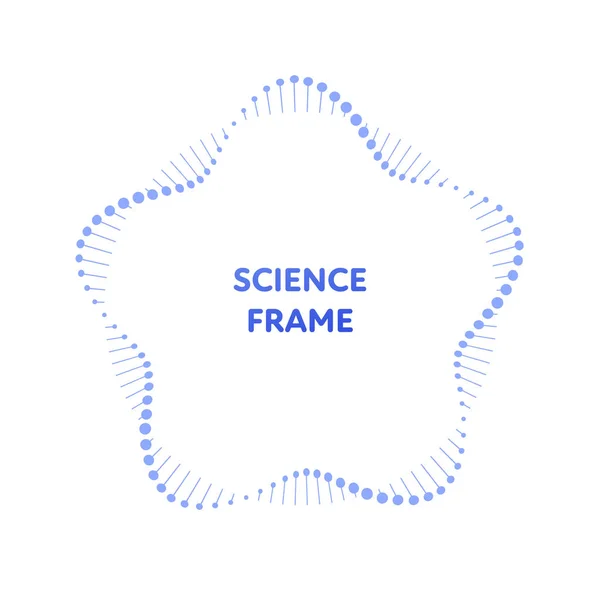 벡터 플랫 과학 DNA 프레임 템플릿. 흰색 배경에 텍스트 블록 주위에 파란색 그라데이션 원자 RNA 원 나선. 미래 과학의 개념. 웹, 프리젠 테이션, 배너, 포스터를위한 디자인 요소 — 스톡 벡터