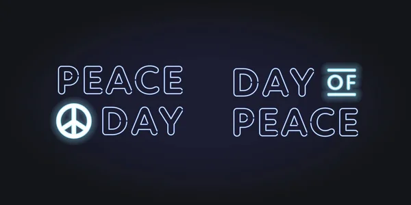 Vektor Neon International Peace Day Banner Vorlage. Text einer Glühbirne mit beschwichtigendem Zeichen auf schwarzem Hintergrund. Gestaltungselement für Urlaubs-Grußkarte, Plakat, Website, Werbung, Web, Flyer. — Stockvektor