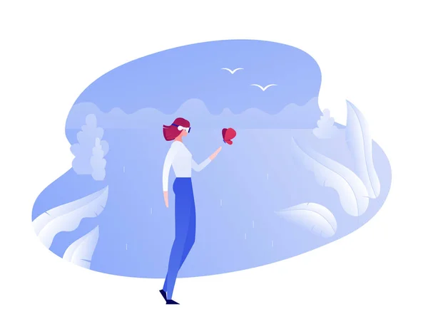Templat banner virtual reality person vektor. Perempuan dalam kacamata memegang kupu-kupu di latar belakang alam. Konsep inovasi dalam dunia hiburan. Unsur desain untuk poster, selebaran, situs web - Stok Vektor