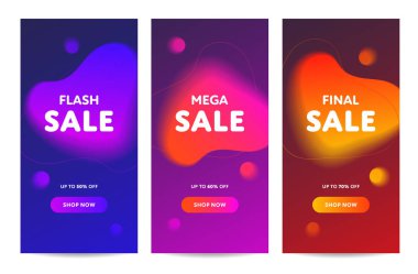 Vektör neon renk sıvı dikey satış afiş şablonu seti. Flaş, mega ve son satış el ilanı düzeni soyut renkli şekil. Poster, broşür, fiş, kart için özel teklif illüstrasyonu tasarla.