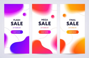 Vektör neon renk sıvı dikey satış afiş şablonu ayarlayın. %50, %60, %70 indirimli el ilanı düzeni koleksiyonunda soyut şekiller. Poster, broşür, fiş, kart için özel teklif illüstrasyonu tasarla.