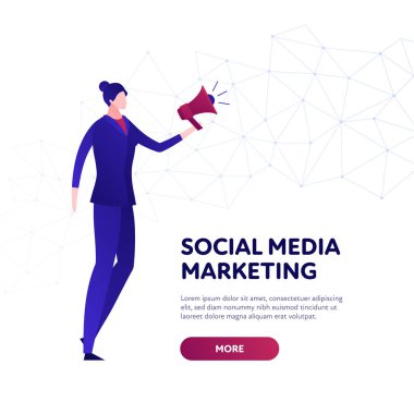 Vektör düz iş sosyal medya pazarlama afiş şablonu illüstrasyon. Megafonlu kadın karakter. Motivasyon kavramı, terfi, duyuru. Poster, kart, el ilanı, web için tasarım öğesi.