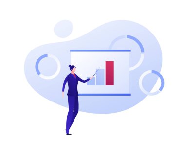 Vektör düz iş analitiği kişi illüstrasyon. İşadamı kadın ve gemide grafik diyagramı. Pazarlama araştırması, eğitim kavramı. Afiş, poster, kart, el ilanı, web için tasarım öğesi.