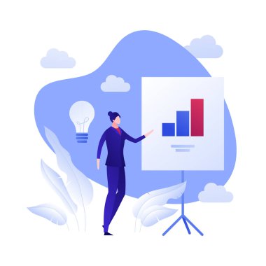 Vektör düz iş analitiği kişi illüstrasyon. İşadamı kadın ve gemide grafik diyagramı. Pazarlama, eğitim, beyin fırtınası kavramı. Afiş, poster, kart, el ilanı, web için tasarım öğesi.