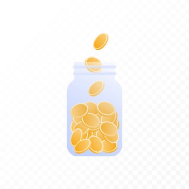Kavanoz düz illüstrasyon vektör sikke para. Beyazdan şeffaf arka plana izole edilmiş bozuk para dolu şişe. Afiş, poster, web sitesi, banka, oyun için tasarım öğesi. Tasarruf kavramı.