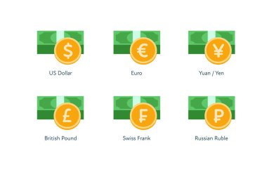Vektör para düz simge illüstrasyon. Dolar, euro, pound, frank, yuan ve yen olarak dünya para seti beyaz arka plan üzerinde izole. Afiş, poster, bankacılık, ödeme, web sitesi, web için tasarım öğesi.