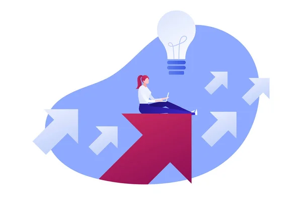 Vektor Flat framgång företag ledarskap illustration. Kvinna med laptop sitter på röd pil. Begreppet motivation, befordran, tillkännagivande. Design element för banner, affisch, kort, Flyer, webb. — Stock vektor