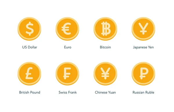 Vektorové mince na drobné ikony. Sada světových měn jako dolar, euro, Libra, Frank a Yuan izolované na bílém pozadí. Návrhový prvek pro nápis, plakát, bankovnictví, platby, web, Web. — Stockový vektor