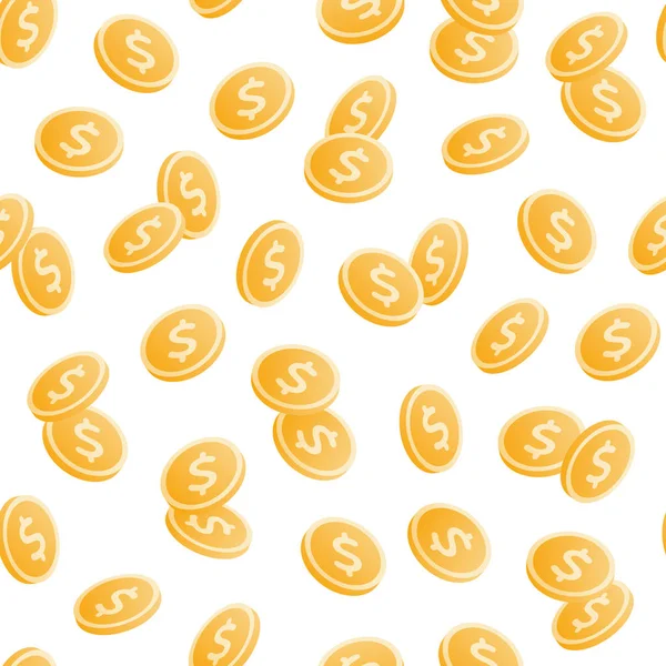 Vektor mynt pengar seamsless mönster illustration. Uppsättning av guld dollar mynt flip på vit bakgrund. Design Tile element för banner, backfrop, affisch, hemsida, Casino, spel, papper, kort. — Stock vektor